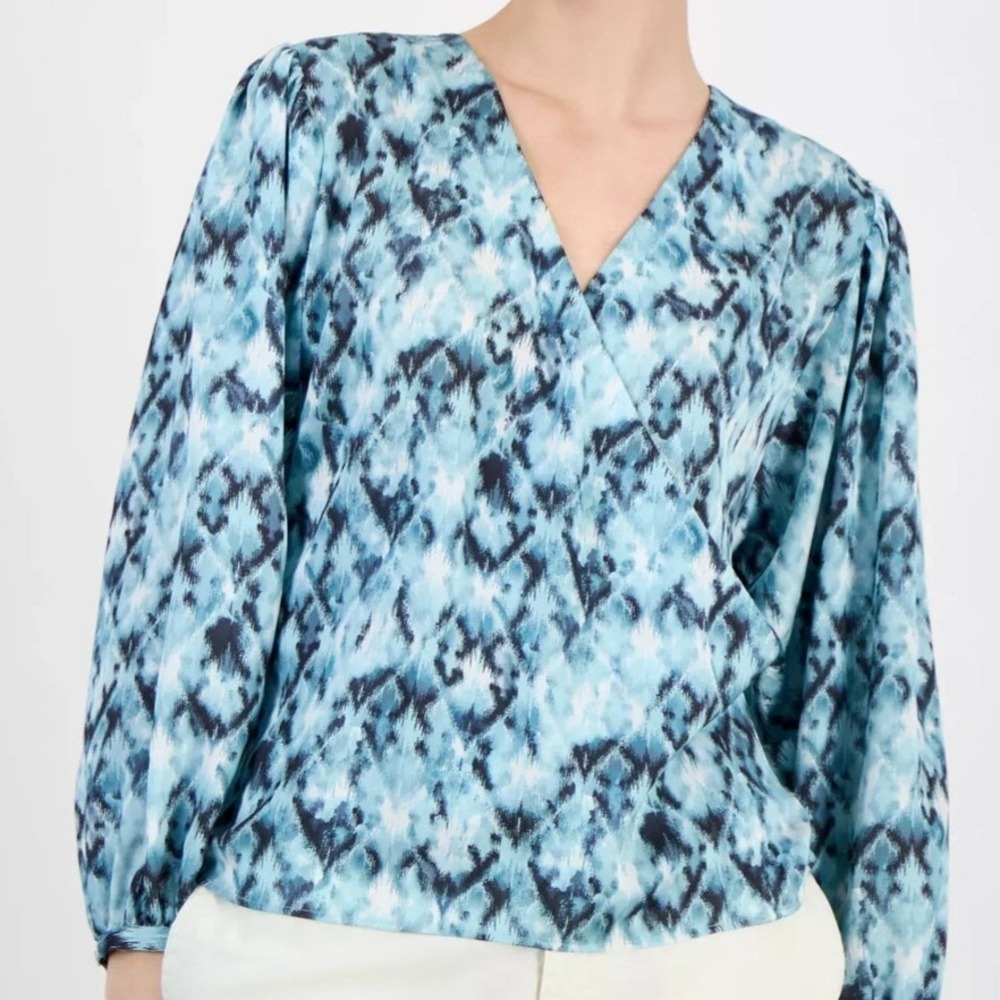 Boss Orange Bivie Surplice Neck Printed Hammered Satin Blouse Top Blue Womens S
